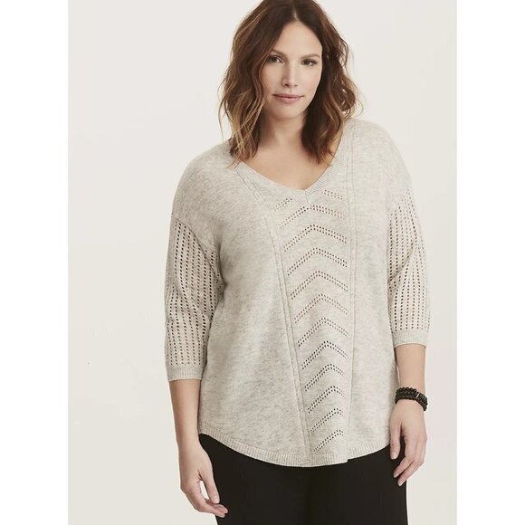 Torrid Ivory Pointelle Pullover V-Neck Sweater 4 - Picture 1 of 7